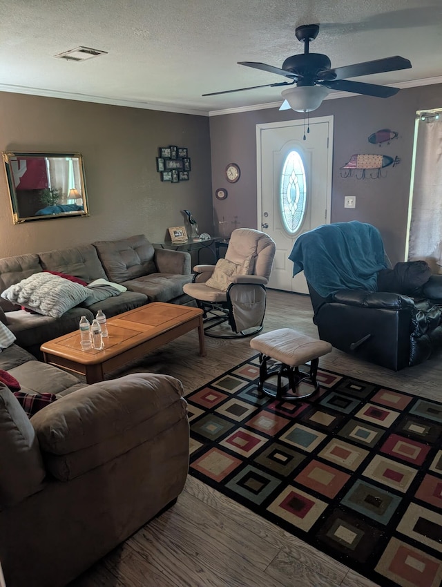 205 Cloverdale Blvd, Fort Walton Beach, FL 32547 - living area featuring wood finished floors, crown molding, a textured ceiling, and ceiling fan