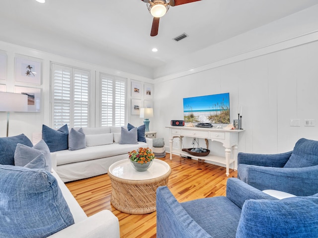 125 Silver Laurel Way, Santa Rosa Beach, FL 32459 - living room featuring a ceiling fan, wood finished floors, and recessed lighting