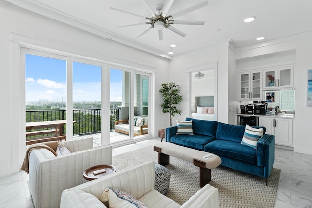 206 Henderson Resort Way Unit 5401, Destin, FL 32541 - living area with light marble finish flooring, recessed lighting, a ceiling fan, crown molding, and wine cooler