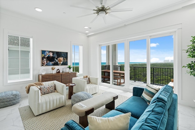 206 Henderson Resort Way Unit 5401, Destin, FL 32541 - living room featuring light marble finish floors, crown molding, ceiling fan, recessed lighting, and a water view
