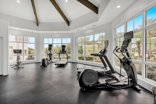 206 Henderson Resort Way Unit 5401, Destin, FL 32541 - gym with plenty of natural light, high vaulted ceiling, beamed ceiling, and recessed lighting