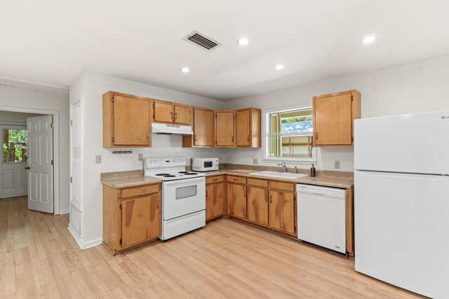 180 E Mitchell Ave, Santa Rosa Beach, FL 32459 - kitchen with white appliances, under cabinet range hood, a sink, light wood-style flooring, and light countertops
