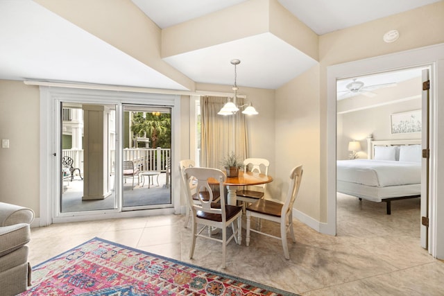 9100 Baytowne Wharf Blvd Unit 261, Miramar Beach, FL 32550 - dining space with tile patterned floors, a ceiling fan, a chandelier, and baseboards