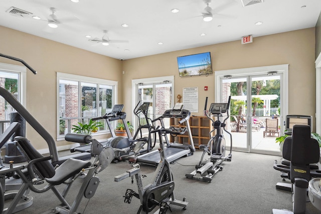 9100 Baytowne Wharf Blvd Unit 261, Miramar Beach, FL 32550 - workout area featuring ceiling fan, recessed lighting, french doors, healthy amount of natural light, and carpet