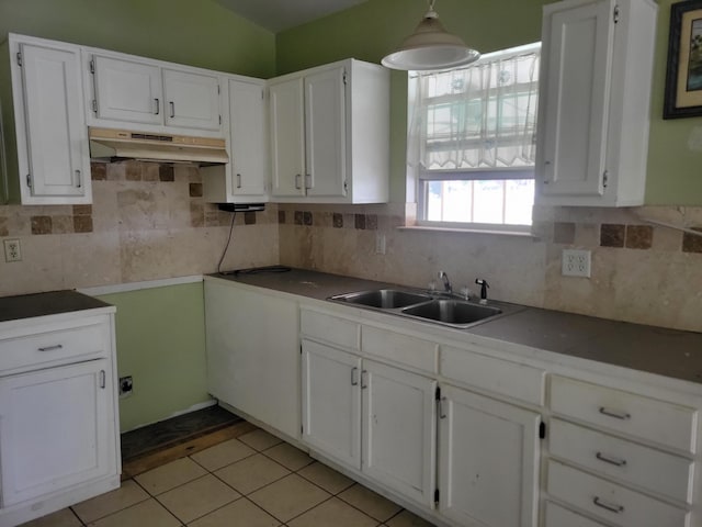 1989 Juniper Lake Rd, Defuniak Springs, FL 32433 - kitchen with under cabinet range hood, a sink, white cabinets, and tasteful backsplash