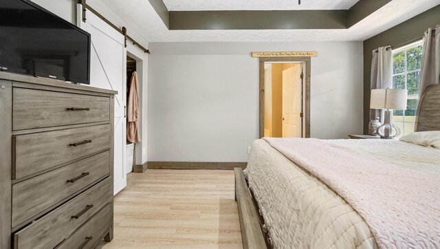 241 Mullet Dr, Freeport, FL 32439 - bedroom featuring light wood-type flooring, a barn door, a tray ceiling, and baseboards