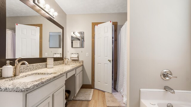 241 Mullet Dr, Freeport, FL 32439 - full bath with double vanity, wood finished floors, a bath, and a shower with curtain