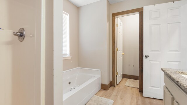 241 Mullet Dr, Freeport, FL 32439 - bathroom with vanity, a whirlpool tub, wood finished floors, and baseboards