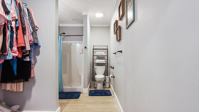 241 Mullet Dr, Freeport, FL 32439 - full bathroom with wood finished floors, a stall shower, toilet, and baseboards