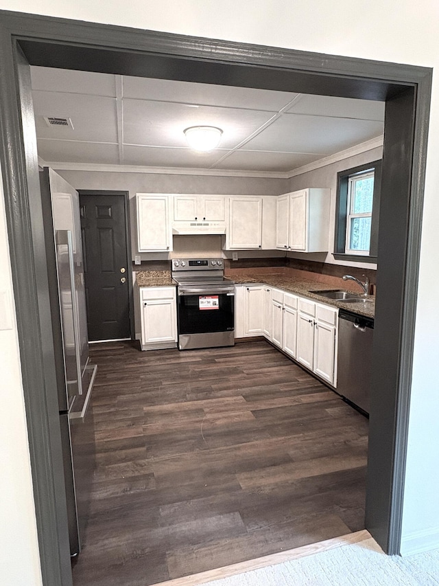 914 Georgia St, Crestview, FL 32536 - kitchen with stainless steel appliances, under cabinet range hood, a sink, white cabinets, and dark wood-style flooring