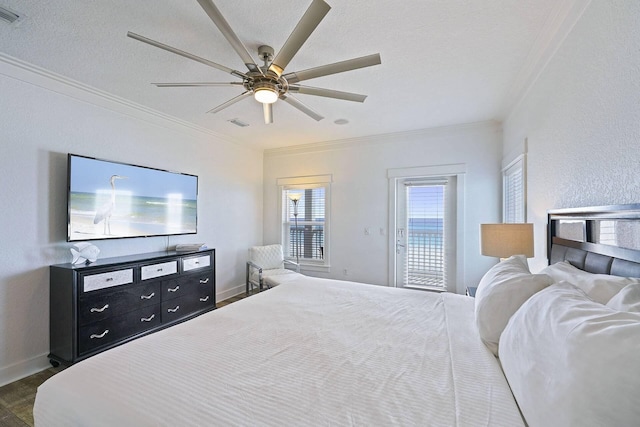 330 Tang O Mar Dr, Destin, FL 32550 - bedroom with crown molding, access to outside, a ceiling fan, and dark wood-type flooring