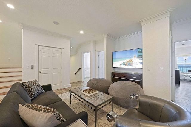 330 Tang O Mar Dr, Destin, FL 32550 - living room with stairway, ornamental molding, light wood finished floors, and recessed lighting