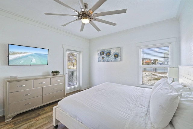 330 Tang O Mar Dr, Destin, FL 32550 - bedroom featuring dark wood-style floors, crown molding, access to outside, and ceiling fan