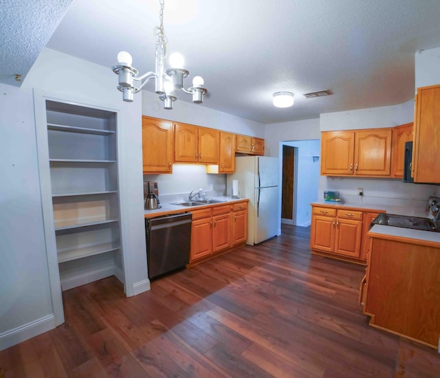 74 8th St, Shalimar, FL 32579 - kitchen featuring dishwashing machine, range, freestanding refrigerator, a chandelier, and dark wood-style flooring