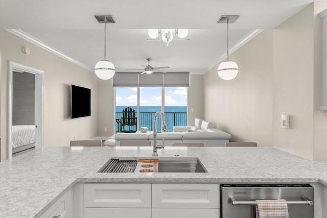 17281 Front Beach Rd Unit 1206, Panama City Beach, FL 32413 - kitchen with dishwasher, ornamental molding, open floor plan, white cabinets, and a ceiling fan