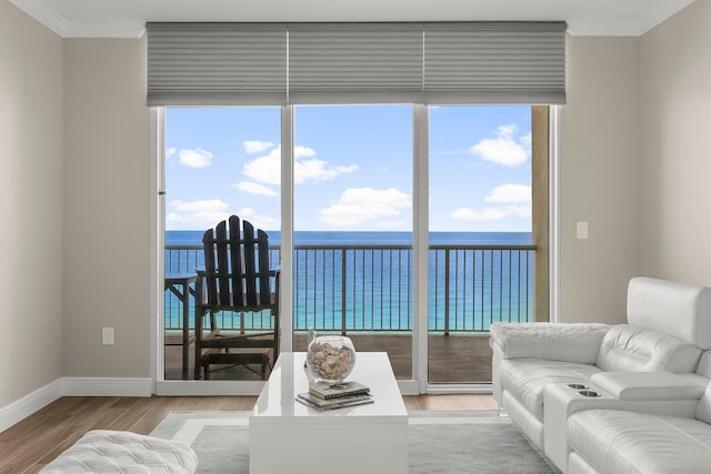 17281 Front Beach Rd Unit 1206, Panama City Beach, FL 32413 - living room with ornamental molding, light wood-style flooring, plenty of natural light, and a water view