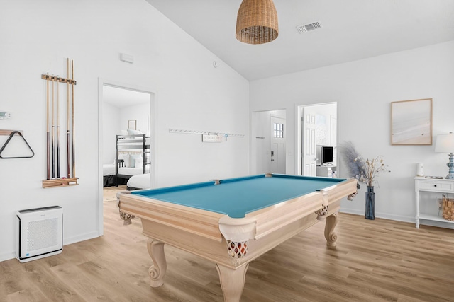 413 Colorado Dr, Mexico Beach, FL 32456 - rec room featuring light wood-style flooring, pool table, baseboards, and high vaulted ceiling