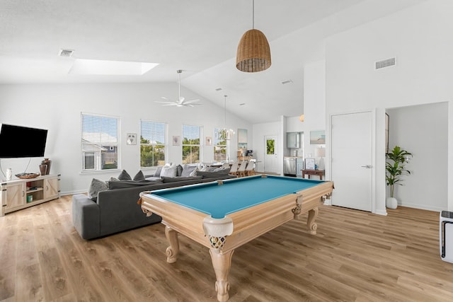 413 Colorado Dr, Mexico Beach, FL 32456 - game room with high vaulted ceiling, light wood-style flooring, ceiling fan, billiards, and a skylight