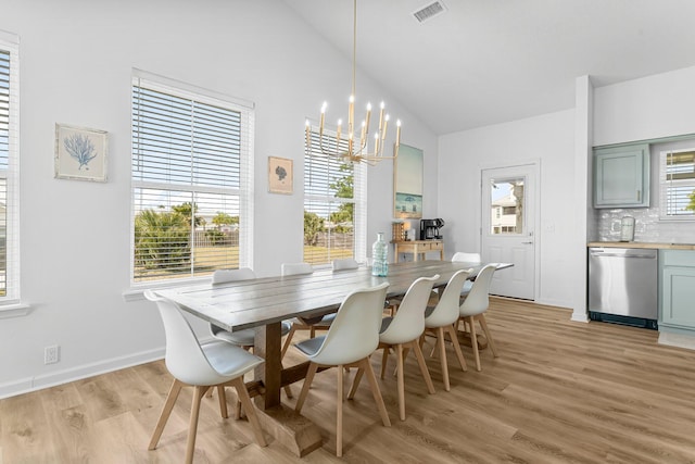 413 Colorado Dr, Mexico Beach, FL 32456 - dining area with lofted ceiling, light wood-style floors, a chandelier, and baseboards