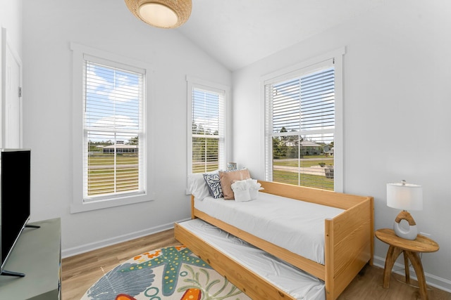 413 Colorado Dr, Mexico Beach, FL 32456 - bedroom with lofted ceiling, wood finished floors, and baseboards