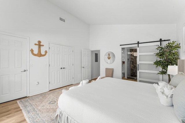 413 Colorado Dr, Mexico Beach, FL 32456 - bedroom featuring wood finished floors, high vaulted ceiling, a barn door, and a closet