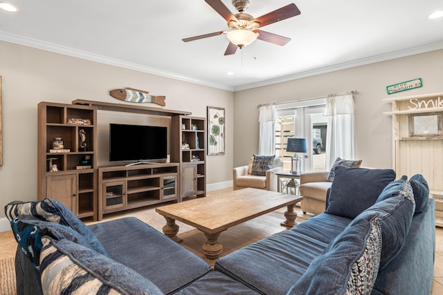 2350 W County Highway 30a Unit 2, Santa Rosa Beach, FL 32459 - living room with ornamental molding, recessed lighting, a ceiling fan, and baseboards