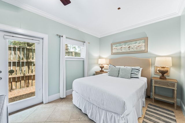 2350 W County Highway 30a Unit 2, Santa Rosa Beach, FL 32459 - bedroom with ornamental molding, access to outside, baseboards, light tile patterned floors, and ceiling fan