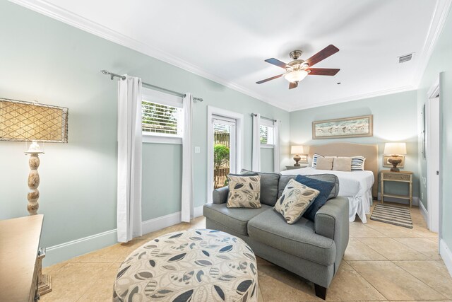 2350 W County Highway 30a Unit 2, Santa Rosa Beach, FL 32459 - bedroom featuring access to outside, ornamental molding, light tile patterned flooring, baseboards, and ceiling fan