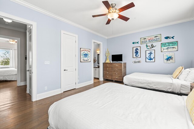 2350 W County Highway 30a Unit 2, Santa Rosa Beach, FL 32459 - bedroom with ornamental molding, dark wood finished floors, baseboards, a ceiling fan, and ensuite bath