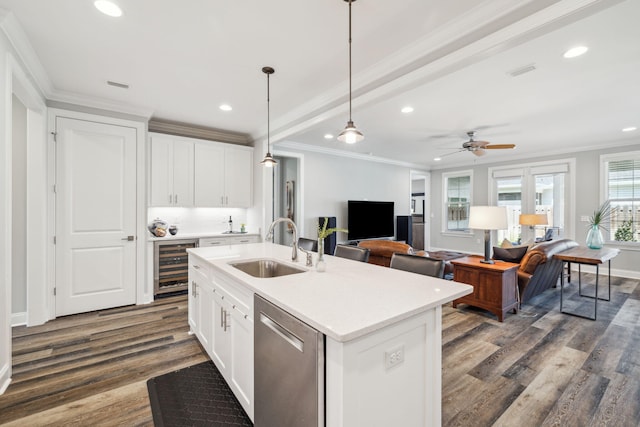 304 Windrow Way, Inlet Beach, FL 32461 - kitchen with dishwasher, wine cooler, a sink, ornamental molding, and dark wood-style floors