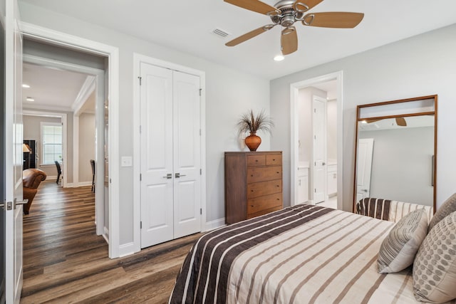304 Windrow Way, Inlet Beach, FL 32461 - bedroom featuring wood finished floors, a closet, recessed lighting, baseboards, and a ceiling fan