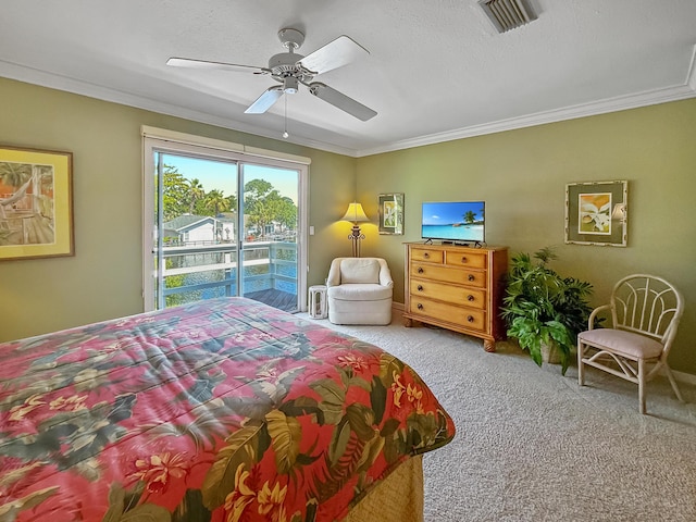 458 Linkside Pl, Miramar Beach, FL 32550 - bedroom featuring carpet flooring, access to outside, crown molding, and ceiling fan