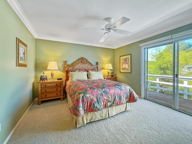 458 Linkside Pl, Miramar Beach, FL 32550 - bedroom featuring access to outside, carpet floors, ornamental molding, baseboards, and ceiling fan