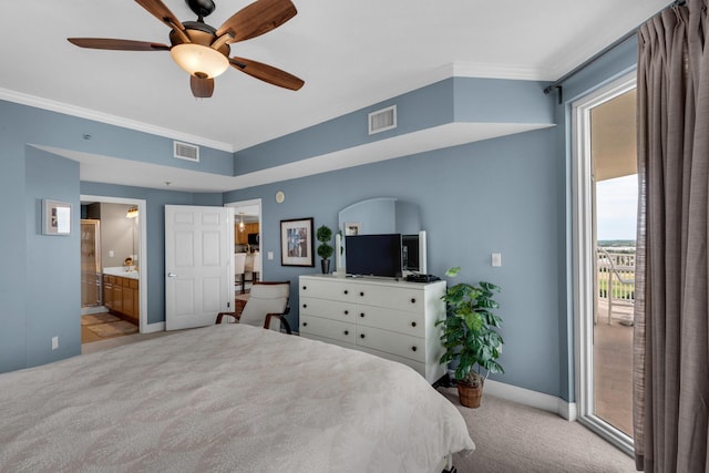 112 Seascape Dr Unit 1201, Miramar Beach, FL 32550 - bedroom with light carpet, ornamental molding, baseboards, access to outside, and ensuite bathroom