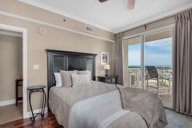 112 Seascape Dr Unit 1201, Miramar Beach, FL 32550 - bedroom featuring access to outside, baseboards, ornamental molding, wood finished floors, and ceiling fan