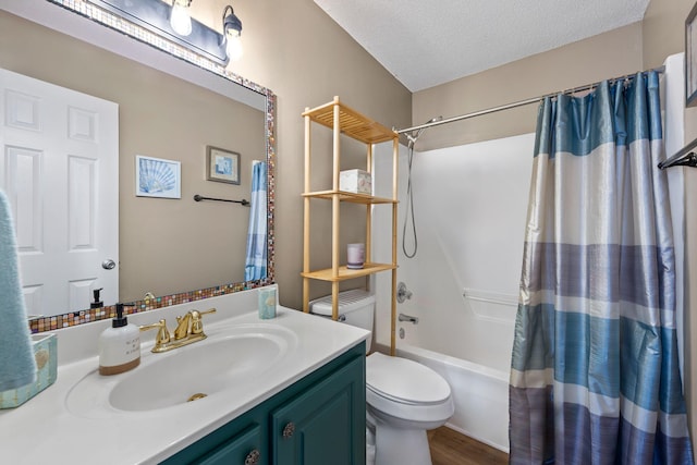 6922 Sea Turtle Cir, Navarre, FL 32566 - bathroom with toilet, vanity, shower / bath combination with curtain, wood finished floors, and a textured ceiling