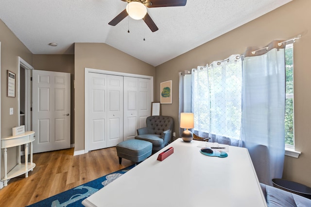 6922 Sea Turtle Cir, Navarre, FL 32566 - office space featuring ceiling fan, wood finished floors, lofted ceiling, and a textured ceiling