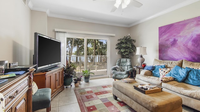 113 SE Brooks St Unit 204, Fort Walton Beach, FL 32548 - living area with a ceiling fan, light tile patterned floors, and ornamental molding