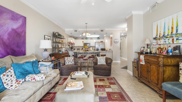 113 SE Brooks St Unit 204, Fort Walton Beach, FL 32548 - living area featuring light tile patterned flooring, crown molding, a chandelier, ceiling fan, and a bar