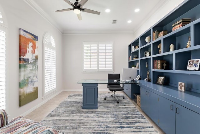 527 Indigo Loop, Miramar Beach, FL 32550 - office space with ceiling fan, ornamental molding, recessed lighting, light tile patterned floors, and baseboards
