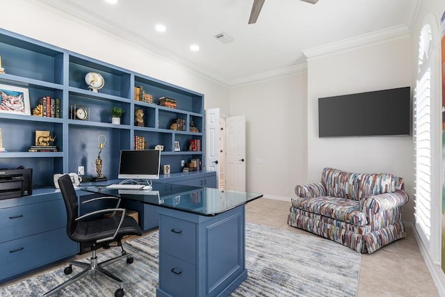 527 Indigo Loop, Miramar Beach, FL 32550 - office space featuring ornamental molding, light tile patterned flooring, a ceiling fan, baseboards, and recessed lighting