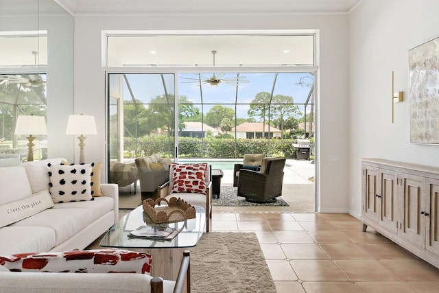 527 Indigo Loop, Miramar Beach, FL 32550 - living area featuring ornamental molding, light tile patterned floors, and a ceiling fan