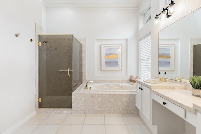 527 Indigo Loop, Miramar Beach, FL 32550 - full bathroom with a garden tub, ornamental molding, vanity, a stall shower, and tile patterned flooring