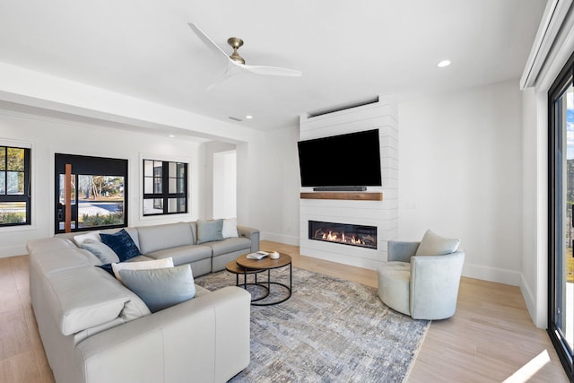 253 Driftwood Point Rd, Santa Rosa Beach, FL 32459 - living room featuring a fireplace, healthy amount of natural light, baseboards, ceiling fan, and recessed lighting