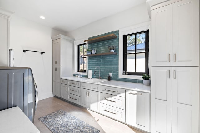 253 Driftwood Point Rd, Santa Rosa Beach, FL 32459 - bathroom featuring vanity, recessed lighting, tile patterned flooring, baseboards, and washer / dryer