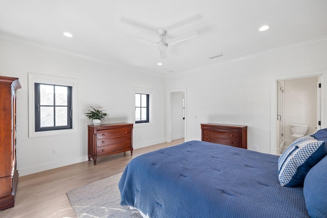 253 Driftwood Point Rd, Santa Rosa Beach, FL 32459 - bedroom featuring light wood-style floors, crown molding, baseboards, recessed lighting, and a ceiling fan