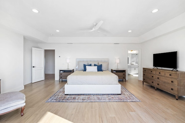 253 Driftwood Point Rd, Santa Rosa Beach, FL 32459 - bedroom with light wood finished floors, a tray ceiling, recessed lighting, and a ceiling fan