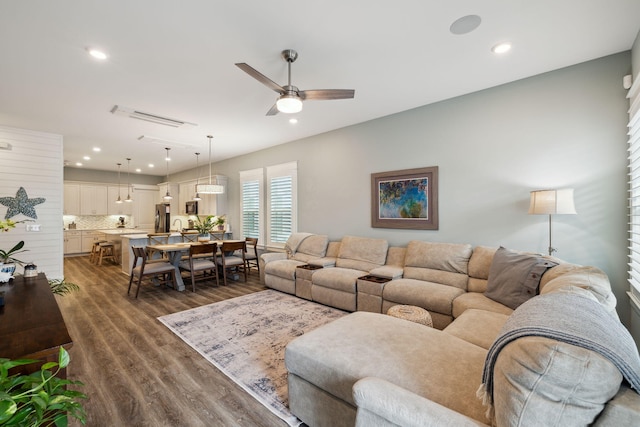 38 Constant Ave, Santa Rosa Beach, FL 32459 - living room featuring dark wood-style floors, ceiling fan, and recessed lighting