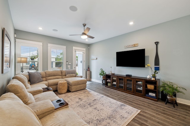 38 Constant Ave, Santa Rosa Beach, FL 32459 - living area featuring ceiling fan, baseboards, wood finished floors, and recessed lighting