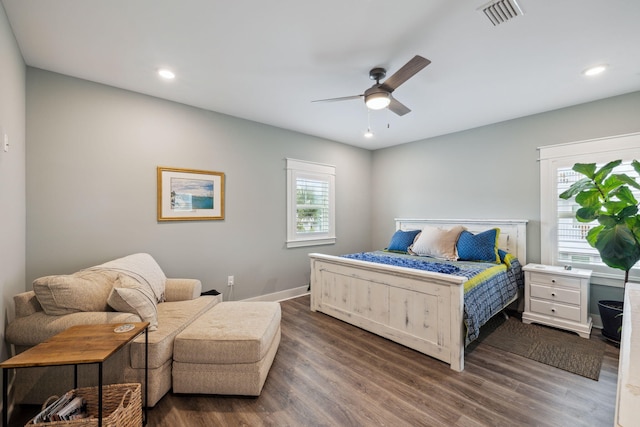 38 Constant Ave, Santa Rosa Beach, FL 32459 - bedroom with dark wood-style floors, recessed lighting, ceiling fan, and baseboards